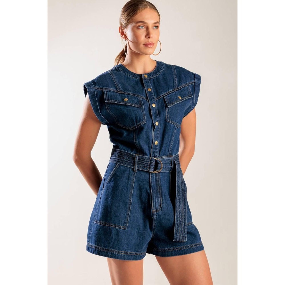 #56 Free Market Denim Romper Womens Large PTP: 22" Blue Belted Snap Utility